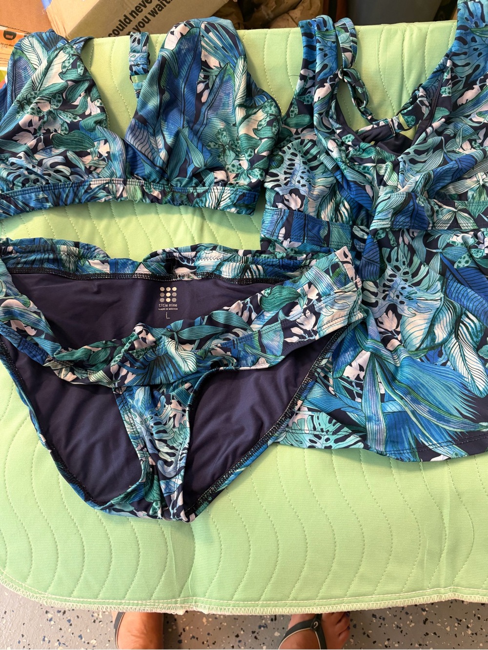 Title Nine Blue-Green Tropical Leaf Bikini with Tankini and Bikini Top